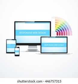 Concept of responsive design. Color swatch book with desktop monitor, laptop and mobile devices.