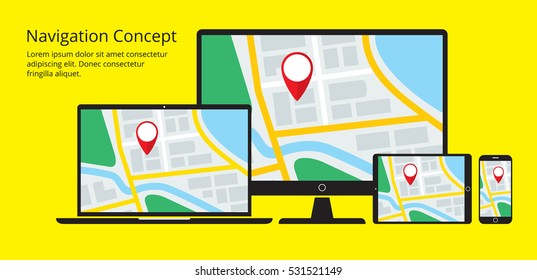 Concept of responsive navigation application for desktop computer, laptop, tablet PC and smartphone. Map with GPS location mark displayed on some devices. Flat style vector illustration eps8 format.