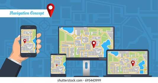 Concept of responsive navigation application for desktop computer, laptop, tablet PC and smartphone. Map with GPS location mark displayed on some devices. Flat style vector illustration.