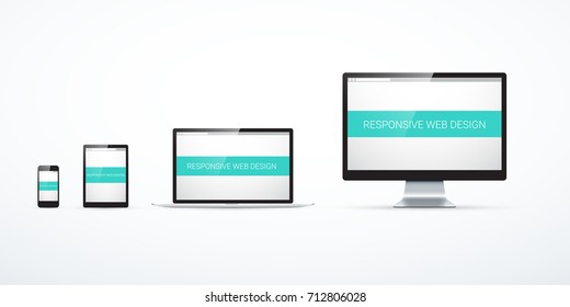 Concept of responsive web design. Set of smart phone, tablet, laptop and computer monitor