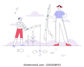 Concept of rest on the lake. Father and son fishing. Dad and child are on holiday vacation. Outline flat vector illustration.