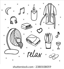 The concept of rest and relaxation. Vector contours drawn by hand. Swing chair, rocking chair, music, wine, heart night. Icon, clipart, template, doodles, sketch.