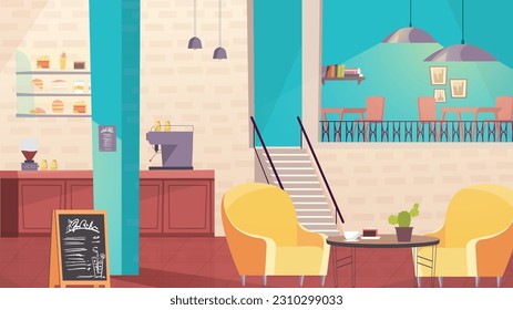 Concept Restaurant. A flat, cartoon-style design of a restaurant with a background featuring tables, chairs, and decor elements. Vector illustration.