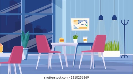 Concept Restaurant. This is a flat, cartoon-style design of a restaurant background, featuring tables, chairs, and a serving counter with food and drinks displayed. Vector illustration.