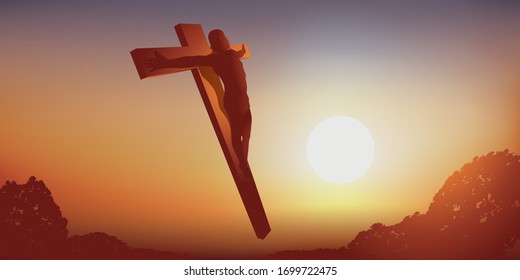 Concept of the resurrection of Jesus on Easter Monday according to the gospel, with the symbol of the crucified Christ ascending to heaven.