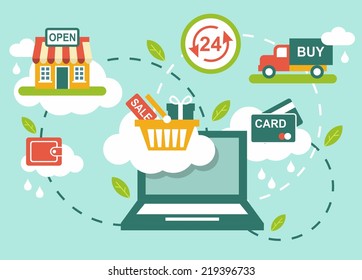 Concept of retail process with shop, computer and shopping icons 