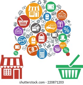 Concept of retail process with shop and shopping icons 