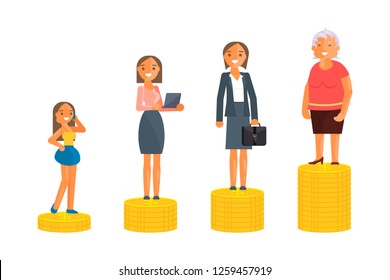 Concept Of Retirement Money Plan And Savings Growth. Old And Young Woman Stand On Stacks Of Gold Coins Isolated On White Background. Vector Illustration Eps 10