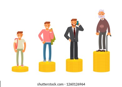 Concept Of Retirement Money Plan And Savings Growth. Old And Young Man Stand On Stacks Of Gold Coins Isolated On White Background. Vector Illustration Eps 10