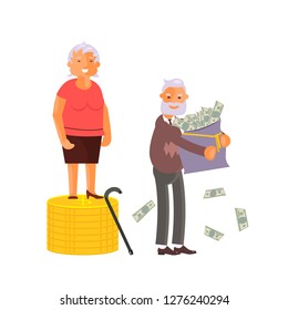 Concept of Retirement Money Plan and savings growth. Old Man and woman stand on stacks of gold coins isolated on white background. Vector illustration