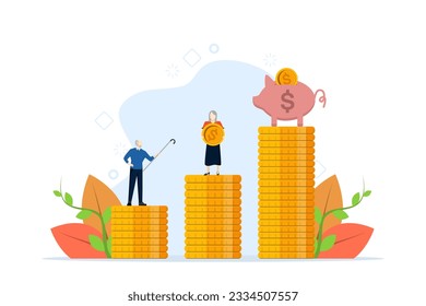 The concept of retirement savings, allocation of funds for retirement, pension funds, investments. Pensioner standing next to calculator and coins. Flat vector illustration on white background.