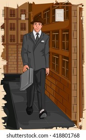 Concept of retro businessman walking on street. Vector illustration