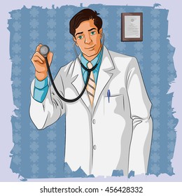 Concept of retro doctor with stethoscope. Vector illustration