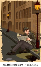 Concept of retro drunken man reading newspaper on street. Vector illustration