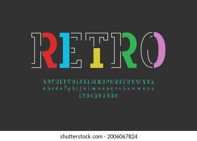 Letra conceptual retro, alfabeto antiguo multicolor, letras hechas de línea y piezas, ilustración vectorial 10EPS