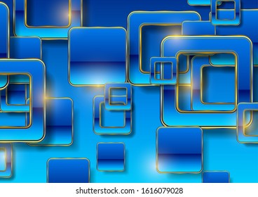Concept retro glossy squares abstract tech background. Blue and golden geometric design. Vector illustration