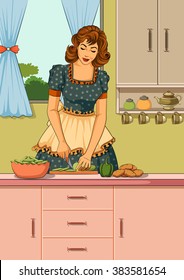 Concept of retro lady chopping vegetable in kitchen . Vector illustration