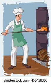 Concept of retro man baking pizza in fire oven. Vector illustration