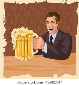 Concept of retro man with beer mug. Vector illustration