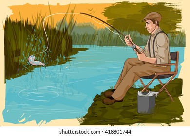 Concept Of Retro Man Fishing In River. Vector Illustration