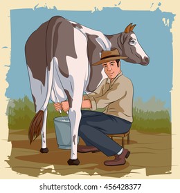 Concept of retro man milking cow. Vector illustration