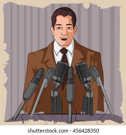 Concept of retro man speaking on microphone. Vector illustration