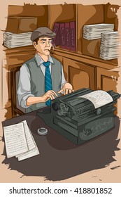 Concept of retro man writing with typewriter. Vector illustration
