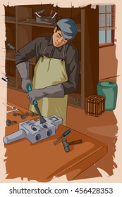 Concept of retro mechanic working in garage. Vector illustration