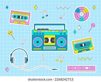 Concepto de estilo de música retro de los años 90: grabadora de cinta, cassette, auriculares, disco.