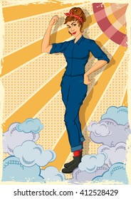 Concept of retro powerful woman showing fist symbolising We Can Do IT. Vector illustration