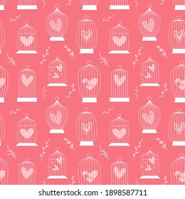 Concept retro seamless pattern with birds cage and hearts inside. monochrome vector illustration