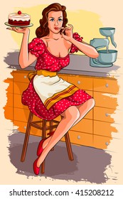 Concept of retro woman baking cake. Vector illustration