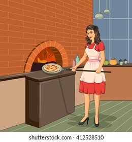 Concept of retro woman baking pizza in fire oven. Vector illustration