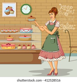 Concept of retro woman in cake shop. Vector illustration