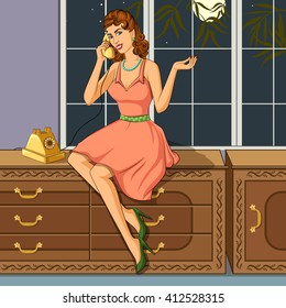 Concept of retro woman chatting on phone. Vector illustration