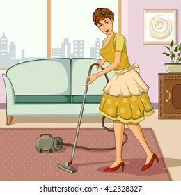 Concept of retro woman cleaning home with vaccum cleaner. Vector illustration