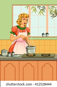 Concept of retro woman cooking food in kitchen . Vector illustration