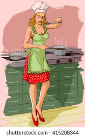 Concept of retro woman cooking food in kitchen . Vector illustration