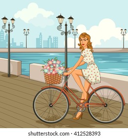 Concept of retro woman cycling on street. Vector illustration