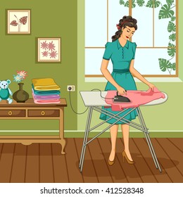 Concept of retro woman doing ironing of clothes. Vector illustration