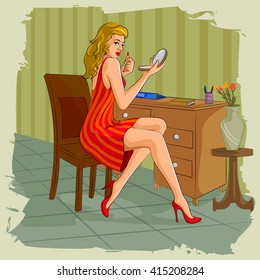 Concept of retro woman doing makeup infront of dressing table. Vector illustration