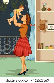 Concept of retro woman embracing her baby. Vector illustration