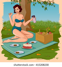 Concept of retro woman enjoying food in picnic. Vector illustration