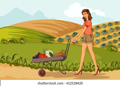 Concept of retro woman with farm fresh vegetable. Vector illustration