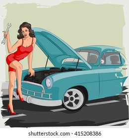 Concept of retro woman fixing car in garage. Vector illustration