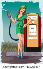 Concept of retro woman holding fuel nozzle in petrol pump. Vector illustration