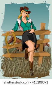 Concept of retro woman in horse ranch. Vector illustration