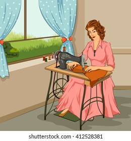 Concept of retro woman making dress in sewing machine. Vector illustration