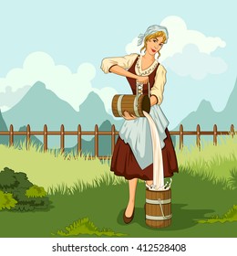 Concept of retro woman milkmaid pouring milk in canister. Vector illustration