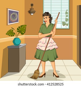 Concept of retro woman mopping the floor of house. Vector illustration